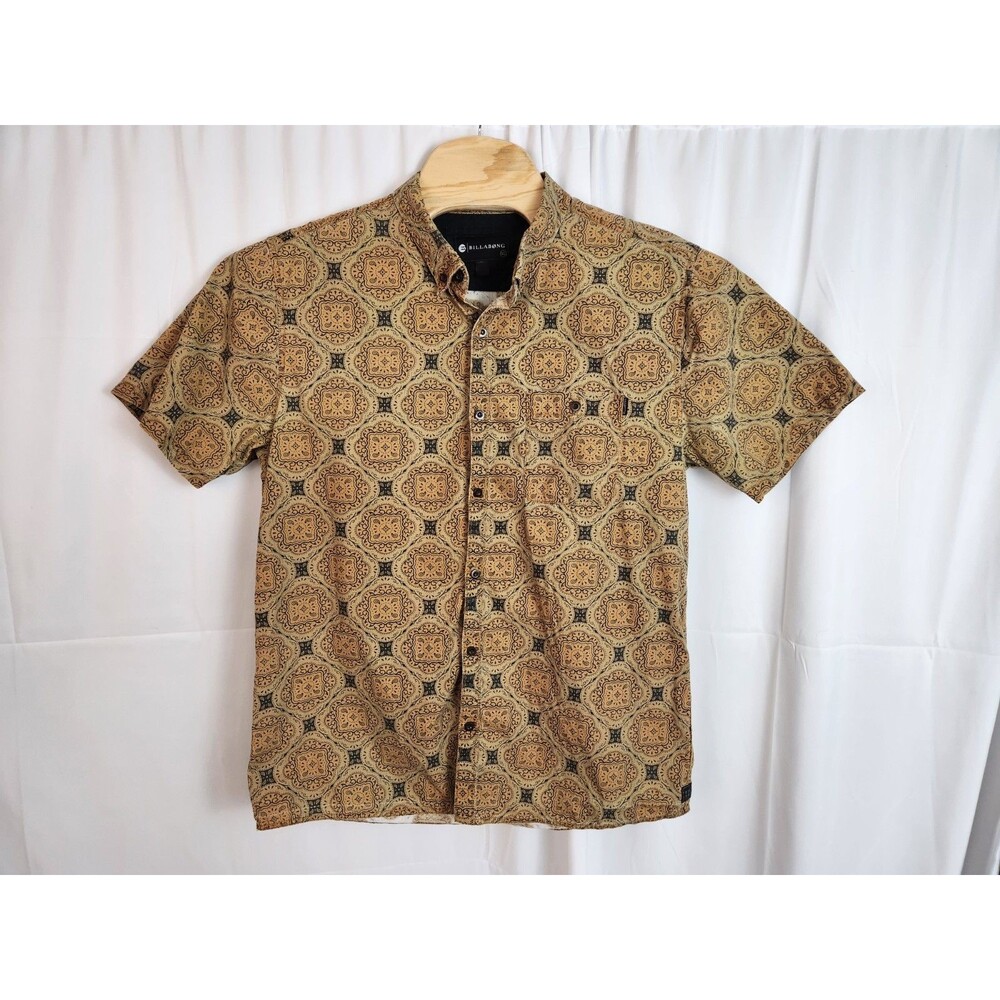 Billabong Men's Brown Paisley Button Down Short Sleeve Shirt 100% Cotton Size XL